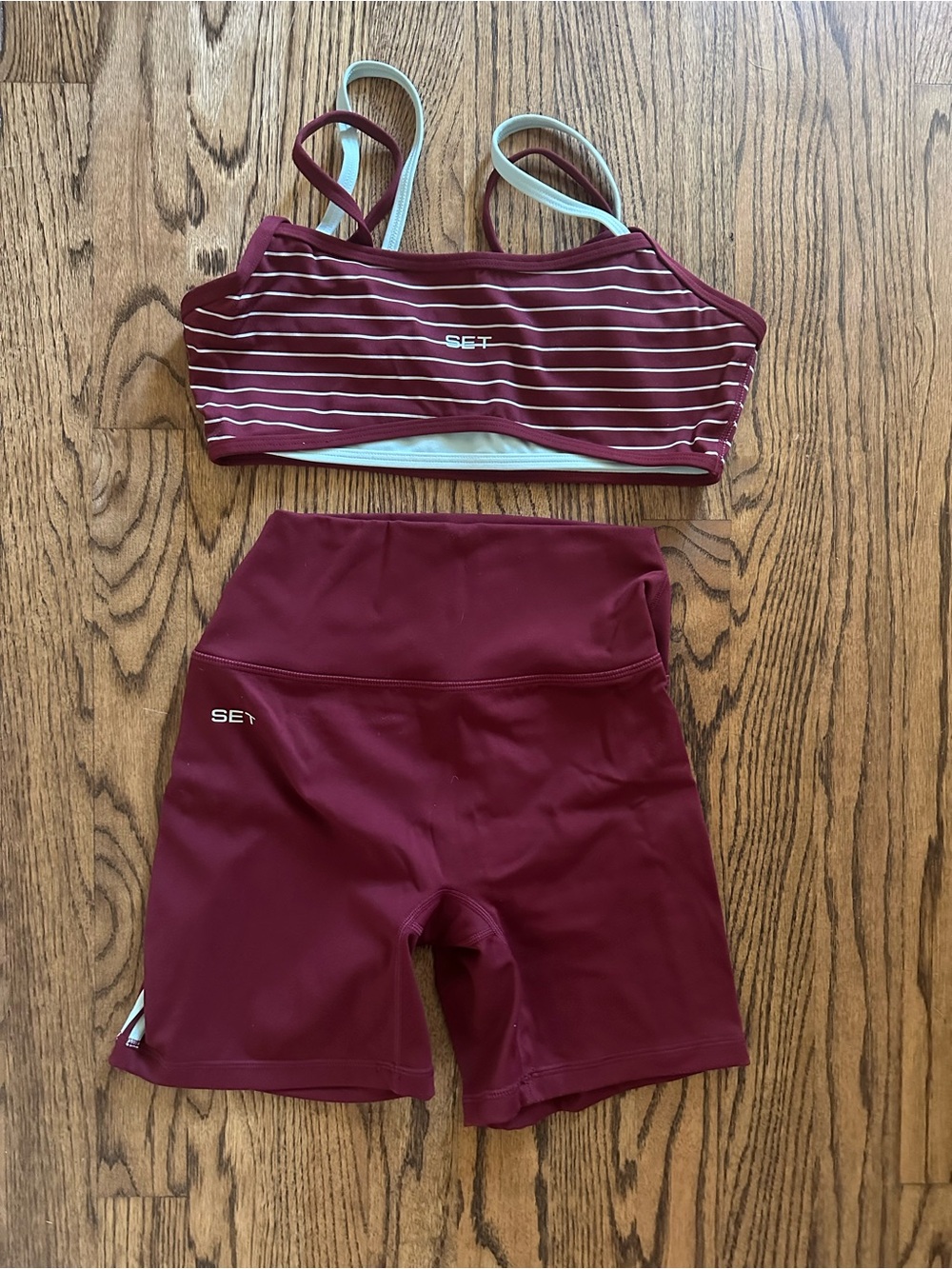 SET Active Maroon Striped Crop Top & High-Waist Athletic Shorts